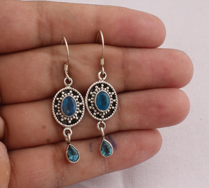 :925 <b>Sterling</b> <b>Silver</b> Natural Blue Topaz <b>Earrings</b> Handmade Swiss Blue Gemstone Jewelry Oval Cut Icy Blue <b>Dangle</b> <b>Earrings</b> - Product Image 1