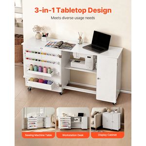 Table de machine à coudre avec design pliable, roulettes compactes, chevilles en bois et plateaux de rangement - Product Image 6