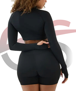 Women's Black Full <b>Sleeve</b> Mock Neck Crop <b>Top</b> With Zipper Seamless Yoga Activewear <b>Top</b> - Product Image 2