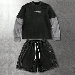 Ensemble T-shirt et short pour homme, effet délavé, patchwork, design personnalisé, ensembles d'été pour homme, décontractés, 2 pièces, ensemble de t-shirts vintage - Product Image 5