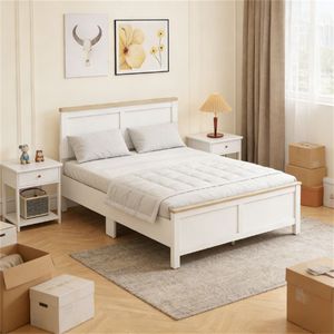 Struttura letto imbottita bianca facile da montare con testiera e design a piattaforma - Product Image 1
