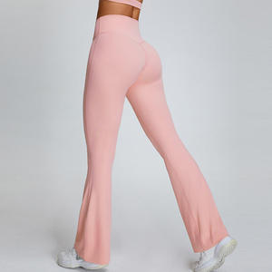 High Waist Flared <b>Leggings</b> Women Solid Blue Stretch Knitted Full Length Breathable Comfortable Push Up Yoga Pants - Product Image 2