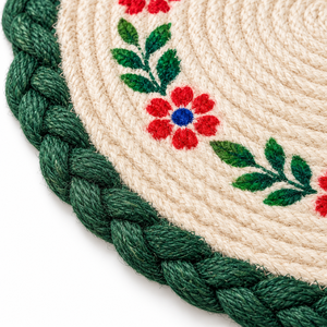 Napperon Bohème Personnalisable en Jute 100% Écologique de 10 Pouces, Motif Floral Rouge Peint à la Main, Bordure Tressée Verte, Vente en Gros - Product Image 4