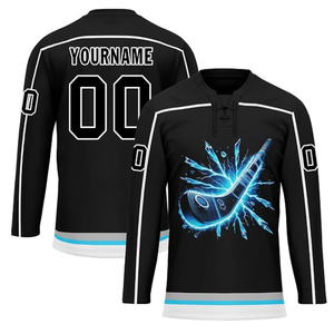 Maillots de hockey sur glace vierges en gros en stock, maillot de hockey noir à col en V, faible MOQ, livraison rapide - Product Image 1