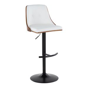 Sgabello da Bar Gianna Stile Mid-Century Moderno, Regolabile e Girevole, in Metallo Nero e Legno di Noce, Seduta in Ecopelle Bianca, Design con Parte Superiore Arrotondata - Product Image 2