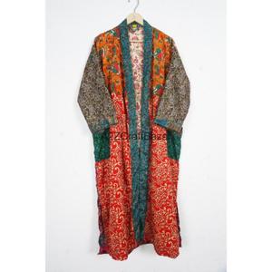 Handmade Silk Patchwork V-neck Drawstring Closure Full Length Soft Breathable Gown Lounge Wear Kimono Party Gown for Women - Product Image 5