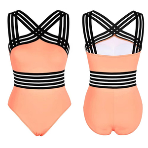 Maillot de bain une pièce taille haute pour femme, rayé, effet ventre plat, style rétro, pour la plage, été, en Spandex et Polyester - Product Image 4