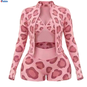 Conjunto de 3 piezas de pantalones cortos de hip hop con estampado de leopardo para mujer, chaqueta con cremallera de manga larga, sujetador y pantalones cortos de ciclista, ropa sexy para discoteca, ropa de primavera y verano - Product Image 5