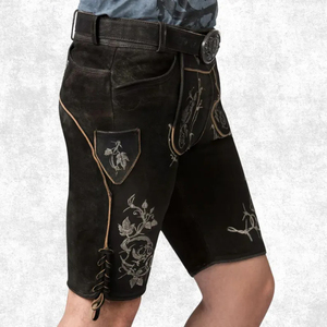 Pantalones Cortos de Cuero Gótico Negro para Hombre con Bordado Floral, Cintura Alta, Estilo Bermuda Hechos a Mano con Lana - Product Image 2