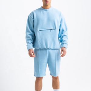 100%Cotton <b>Slim</b> <b>Fit</b> <b>Short</b> Sleeves Crew Neck Twinset T-Shirts and <b>Shorts</b> Set Sweatshirt Kangaroo Zipper Pocket <b>Men's</b> Sets - Product Image 1