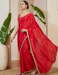 KV Chinnon <b>Red</b> Embellished Designer Saree With Unstitched <b>Blouse</b> - Product Image 3