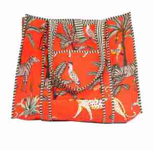 Sac fourre-tout matelassé en coton doux fait main, imprimé jungle orange, style bohème, motif animalier, grand format, pour la plage, l'été et l'usage quotidien, tendance - Product Image 1