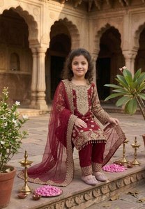Kids Maroon Pakistani Salwar Kameez Girls Eid Party Wedding Wear Heavy Embroidered 3Pc Modern Stretchable Designer Suit Dupatta - Product Image 2