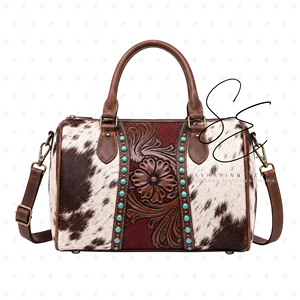 Sac de voyage en cuir de vachette occidental avec broderies florales sculptées à la main, clous turquoise et bandoulière – Sac à main Rodeo Speedy - Product Image 1