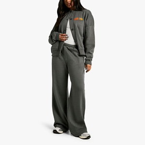 Best Selling Women's <b>Pink</b> <b>Tracksuit</b> Full Zip Hoodie Wide Leg Pants Casual Lounge Wear Set Solid Color Polyester Fleece Loose Fit - Product Image 1