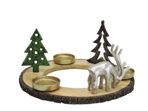 Artesign Modern Durable Christmas Advent Wreath Candle <b>Holder</b> with Nickel Aluminium Reindeer Gold Trees on Wooden <b>Log</b> Base - Product Image 3
