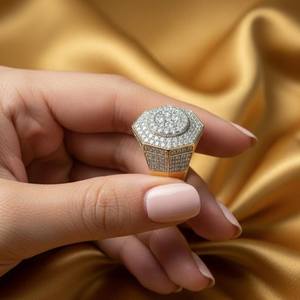 Bague hexagonale pour homme en argent 925 plaqué jaune, sertie de moissanite et de diamants ronds, style hip-hop, bijou de fête, cadeau - Product Image 2