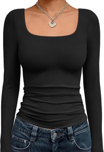 Women's <b>Square</b> Neck Sleeve Long-Sleeve Breathable Knitted Slim Fit Printed Casual Custom Cotton Polyester <b>T</b>-Shirt - Product Image 3