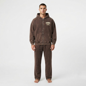 Manufacture Men's Acid Wash Cotton Two Piece <b>Full</b> <b>Zip</b> <b>Hoodie</b> Tracksuit with Kangaroo Pocket Oversized Drop Shoulder Sweatpants - Product Image 1