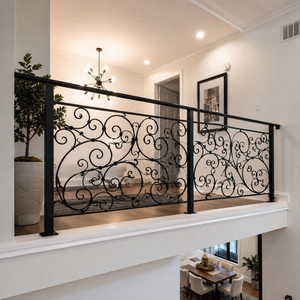 Rampe d'escalier intérieure décorative en fer forgé noir avec motif festonné, balustrade de balcon pour maison, loft, couloir - Product Image 1