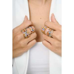 18K Multi Gemstone Crossover <b>Cocktail</b> Band <b>Ring</b> with Oval Peridot Citrine Garnet & Topaz - Product Image 5