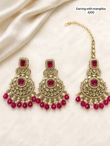 Boucles d'oreilles pendantes plaquées or avec zircon et motif floral ethnique, ensemble Maangtika, bijoux de fiançailles noirs et blancs pour femmes - Product Image 6