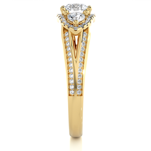 Bague de fiançailles en or jaune 14K 18K avec trois diamants de laboratoire de 1,03 ct, certifiée IGI, EF VVS, double rangée pavée, halo sur l'anneau - Product Image 6