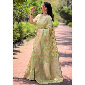 Ensemble pour femme Elite Weaves vert menthe, sari en organza Meenakari floral Jaal Zari tissé - Product Image 1