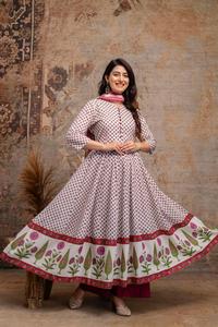 Luxury 60x60 Cotton Floral Print <b>Suit</b> Set for <b>Women</b> with <b>White</b> Pink Anarkali Kurta Palazzo Bottom and Printed Dupatta - Product Image 2