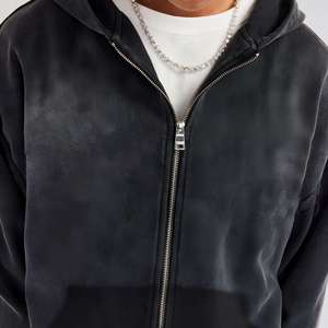 Ensemble survêtement streetwear décontracté pour homme : sweat à capuche zippé noir délavé et pantalon large - Product Image 4