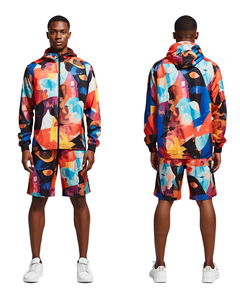 Ensemble veste coupe-vent à capuche et short pour homme, imprimé géométrique coloré, séchage rapide, streetwear, vêtements de sport, manches longues, tenue d'été - Product Image 2