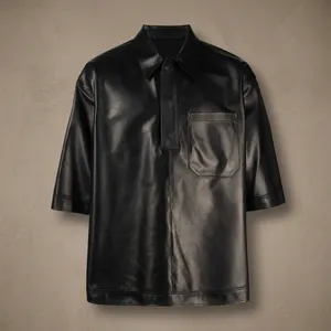 Chemise en cuir noir, chemise en similicuir pour hommes, chemise en cuir oversize, haut en cuir unisexe, chemise en cuir à demi-manches, streetwear - Product Image 2