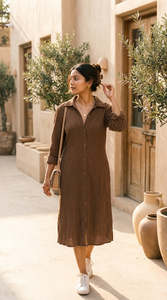 Robe chemise marron à col rabattu, manches trois quarts, longueur midi, en coton tissé et fibre de bambou, décontractée pour le quotidien, coupe ample - Product Image 5