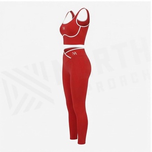 Ensemble de yoga 2 pièces rouge, col ras du cou, dos nageur, leggings taille haute longueur intégrale, respirant, en Spandex et Polyester, vêtements de sport - Product Image 3
