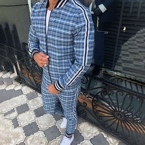 New Fashion Men's Check Print Sublimated Bomber <b>Jacket</b> Tracksuit Zip Enclosure Ribbed Hem & Cuffs Stripe Zipper Sweat Suit - Product Image 6