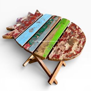 Mesa de Centro Plegable con Diseño de Piña, Madera de Barco Reciclada, Color Natural, Hecha a Mano, Exportación, Mueble Compacto para Interiores y Exteriores - Product Image 1