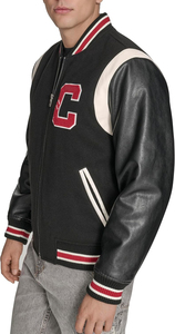 <b>Men's</b> Black Varsity <b>Jacket</b> PU <b>Leather</b> Sleeves Embroidered C Logo Zipper Closure Preppy Style Autumn Wear Regular Fit - Product Image 4