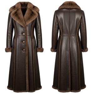 Unisex Long Genuine Leather <b>Coat</b> Fur Collar Cuffs Double Breasted <b>Winter</b> Overcoat Casual Style <b>Thick</b> Windproof Front - Product Image 1