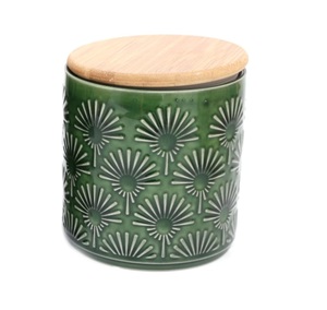 Decorative Ceramic Storage Canister <b>Bamboo</b> Lid Floral Embossed Airtight Kitchen Jar Elegant Counter Organizer Premium Style - Product Image 3