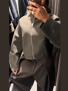 Vintage Turn-down Collar Women's Long Cropped Jacket <b>Zipper</b> Loose Full Sleeve Cotton Warm Coat 2025 Autumn Winter Lady New - Product Image 6