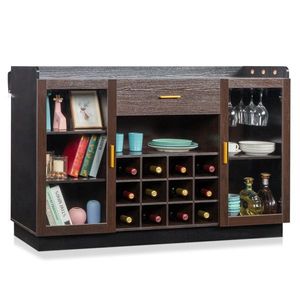 Credenza Portabottiglie FCH per 12 Bottiglie con Doppia Porta in Vetro, Cassetto Singolo, Telaio Nero e Pannelli Interni in Particelle Grigio-Marrone - Product Image 5