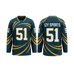 Maillots de hockey sublimés vert forêt avec lignes dorées, en maille polyester épaisse, uniformes de ligue à manches longues - Product Image 1