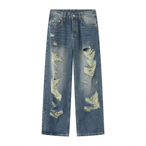 Jeans baggy streetwear hip-hop personnalisés pour hommes 2025, jeans délavés et jeans droits amples déchirés pour hommes - Product Image 5