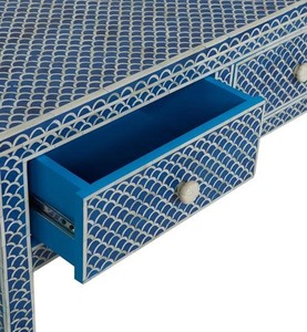 Table console moderne bleue géométrique avec incrustations en os, écologique, trois tiroirs, meuble de rangement pour entrée, pièce décorative d'appoint - Product Image 6