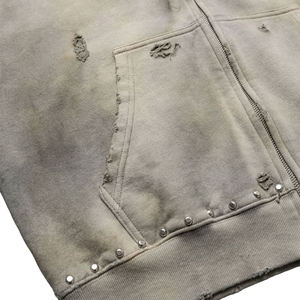 Sweat à capuche zippé oversize pour homme en polaire, style vintage vieilli, avec strass, poche unie, écologique, streetwear décontracté - Product Image 5
