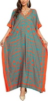 Robe longue maxi pour femme à col en V, imprimé géométrique, manches courtes, en mousseline, style empire, pour les vacances d'été, motif orange et turquoise, longue tunique kaftan