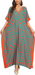 Vestido Largo Maxi de Gasa con Estampado Geométrico y Cuello en V para Mujer, Estilo Vacaciones de Verano, Manga Casquillo, Corte Imperio, Kaftán Largo Estampado Naranja y Verde Azulado - Product Image 2