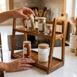 Modern Adjustable Wooden 2-Tier <b>Spice</b> <b>Jar</b> Rack with Bamboo Lid Holder Standing Type Kitchen Pantry Organizer - Product Image 1