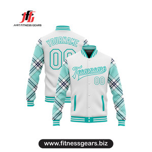 Veste universitaire personnalisée à manches à carreaux blanc et turquoise, en polyester respirant, style preppy, pour l'automne - Product Image 3