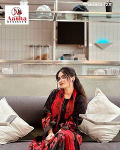 Conjunto de Salwar-Kameez de Diseño Moderno en Algodón con Parches Estampados y Bordados en Rojo y Negro, Semi-cosido, Compra en Línea en India - Product Image 4